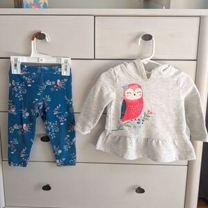Carter's Grey Owl Hoodie and Blue Floral Leggings Set, 18 Months